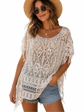 Soho Lady OS Cream Boho Open Crochet Poncho Shirt Fringe